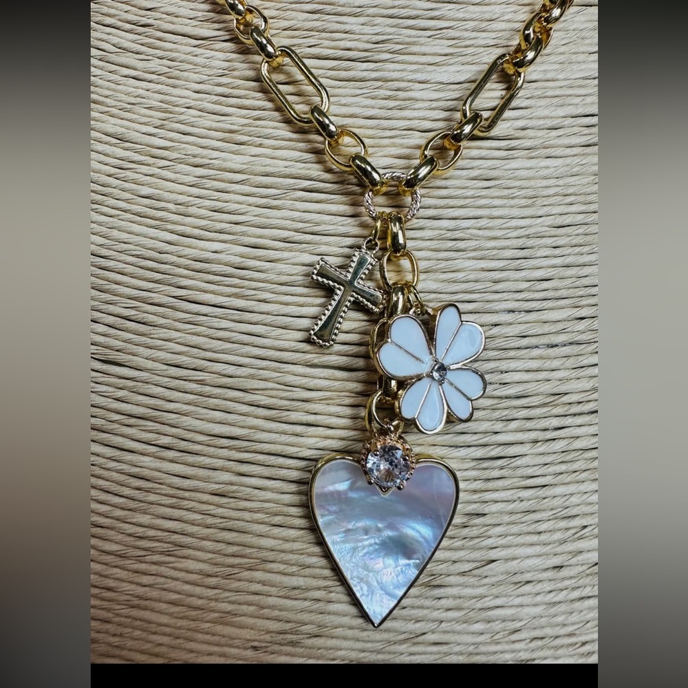 Pure Heart Gold Chain Necklace with Heart and Flower Charms - Picture 2 of 3
